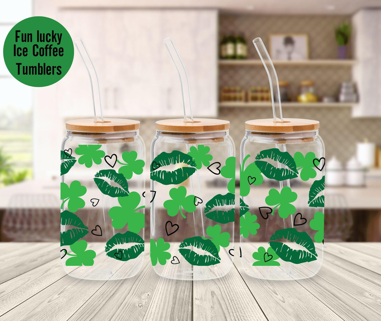 Personalized Shamrock St. Patrick's Day Irish 16oz. Glass Tumbler with Lid and Glass Straw, Iced Coffee Glass, Hostess gift, St. Pat's