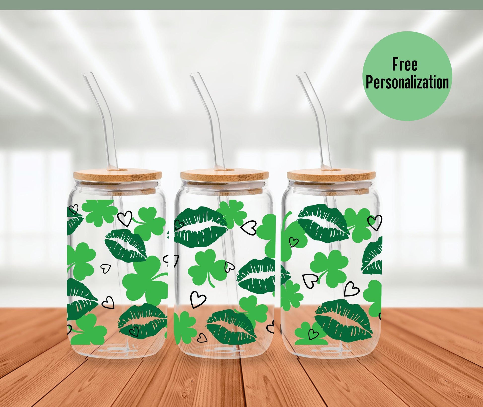 Personalized Shamrock St. Patrick's Day Irish 16oz. Glass Tumbler with Lid and Glass Straw, Iced Coffee Glass, Hostess gift, St. Pat's