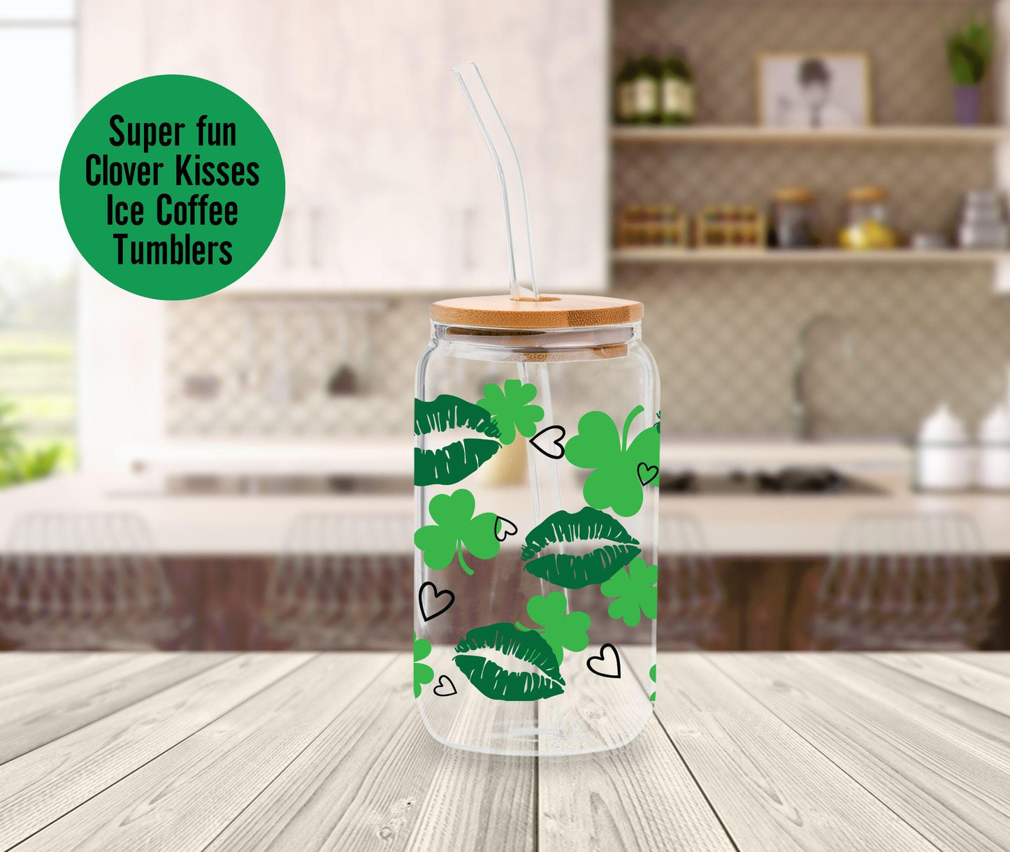 Personalized Shamrock St. Patrick's Day Irish 16oz. Glass Tumbler with Lid and Glass Straw, Iced Coffee Glass, Hostess gift, St. Pat's