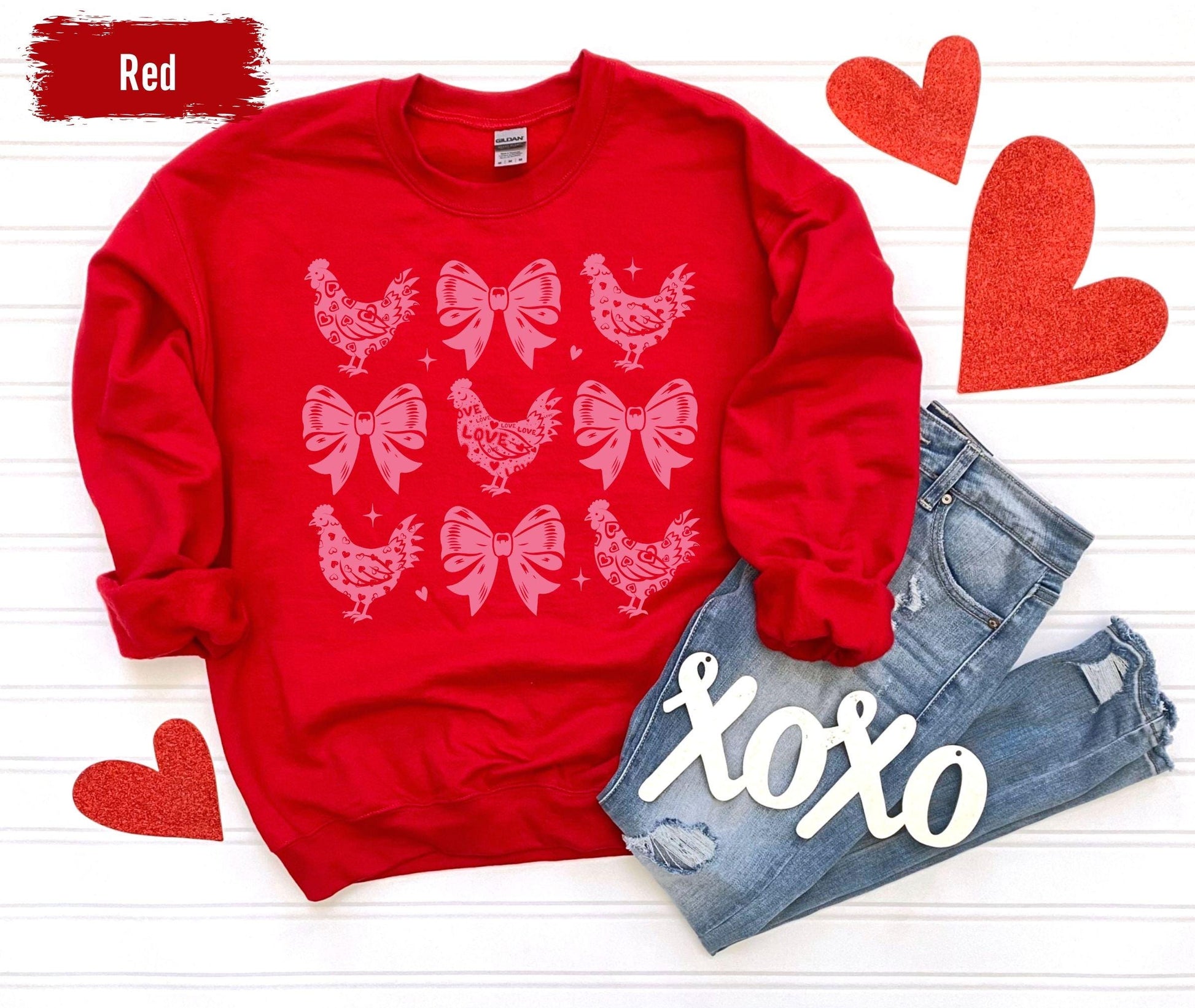 Coquette Valentines Day Farm Chickens Sweatshirt, Valentine Farm Sweater, Animal Lover Gift, Animal Valentines, Gift For Chicken Lover