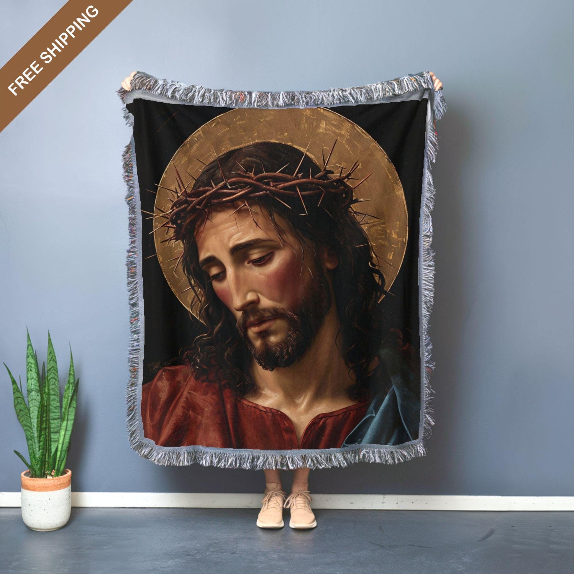 Jesus Woven Blanket - Christian Blanket, Pure Cotton Throw Blanket, Jesus and The Lamb Boho Blanket, Beach Blanket, Living Room Blanket