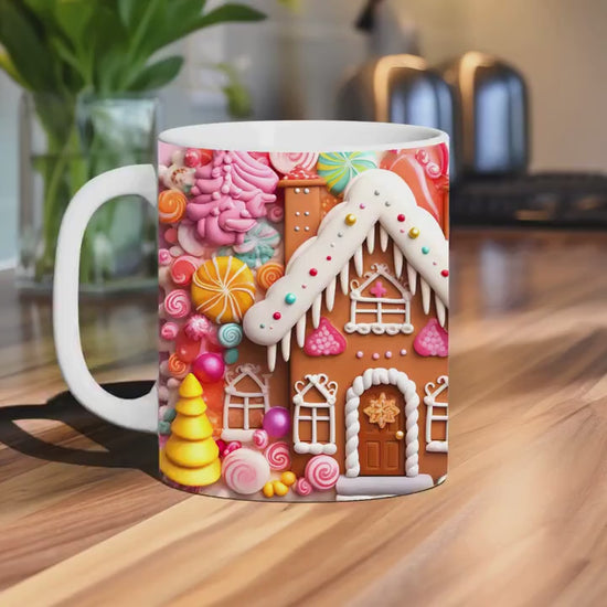 3D Sweet Gingerbread House Christmas 15oz Mug,Coffee,Pink and Red holiday mug,Hot Cocoa,Holiday Candy Cookie decor,baking bake decor gift