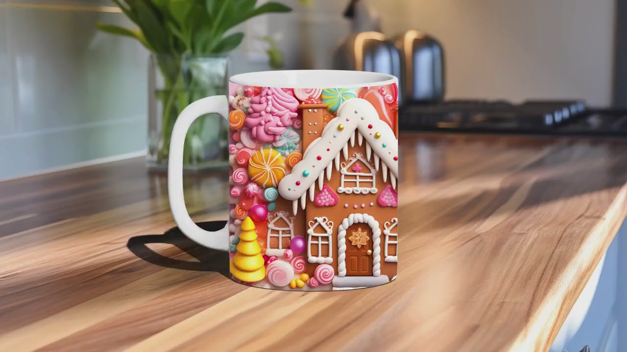 3D Sweet Gingerbread House Christmas 15oz Mug,Coffee,Pink and Red holiday mug,Hot Cocoa,Holiday Candy Cookie decor,baking bake decor gift